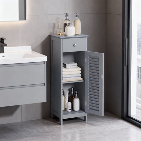 LEDREM Slim Floor Cabinet with Drawer and Shutter Door, 34.3-inch Tall Storage Organizer with Anti-Tip Kit, Dove Gray