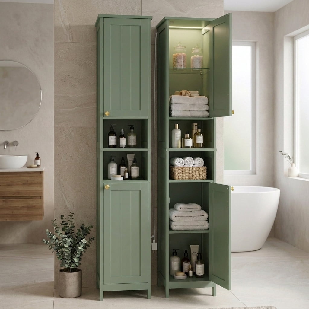 LEDREM Bathroom Storage Cabinet 67" Tall Narrow Wooden Freestanding Cabinet with Automatic Door Lights, Adjustable Shelves,Green