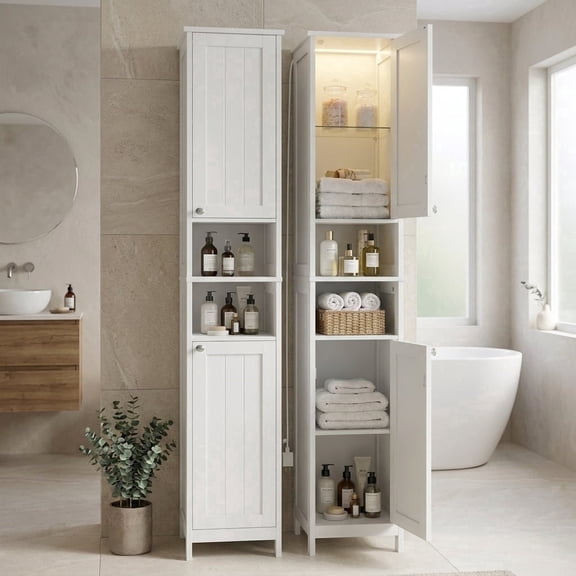 LEDREM Bathroom Storage Cabinet 67" Tall Narrow Wooden Freestanding Cabinet with Automatic Door Lights, Adjustable Shelves,White