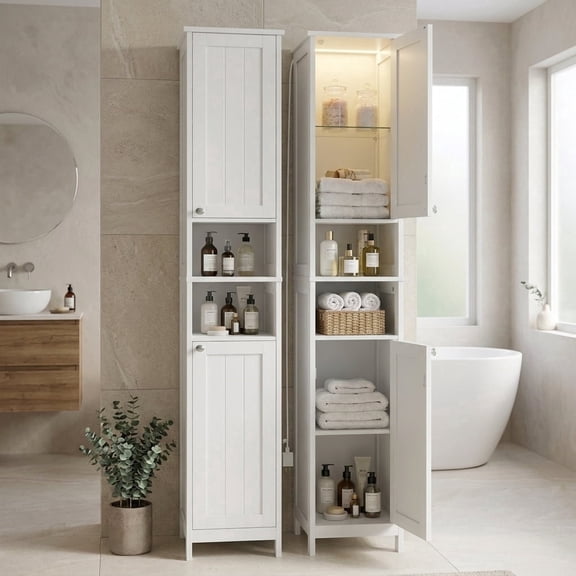 LEDREM Bathroom Storage Cabinet 67" Tall Narrow Wooden Freestanding Cabinet with Automatic Door Lights, Adjustable Shelves,White