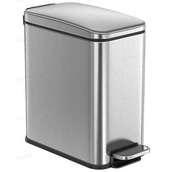 LEDREM Small Bathroom Trash Can with Lid 2.6 Gallon , Soft-Close , Step Pedal , Slim Space-Saving Design , Removable Bucket , Silver