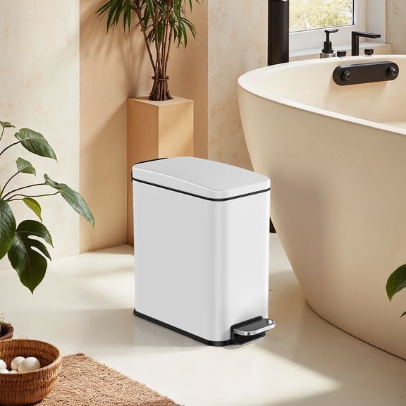 LEDREM Small Bathroom Trash Can with Lid 2.6 Gallon , Soft-Close , Step Pedal , Slim Space-Saving Design , Removable Bucket , White