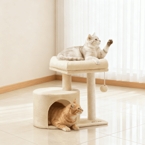 LEDREM Small Cat Tree Tower with Sisal Scratching Post, Plush Condo with Padded Perch & Cave, for Kittens, Small Spaces, Sand Beige