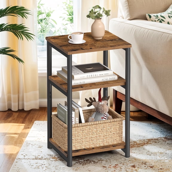 LEDREM Small End Table with 3-Tier Open Storage, Industrial Tall Nightstand for Living Room, Bedroom, Office, Rustic Brown and Classic Black