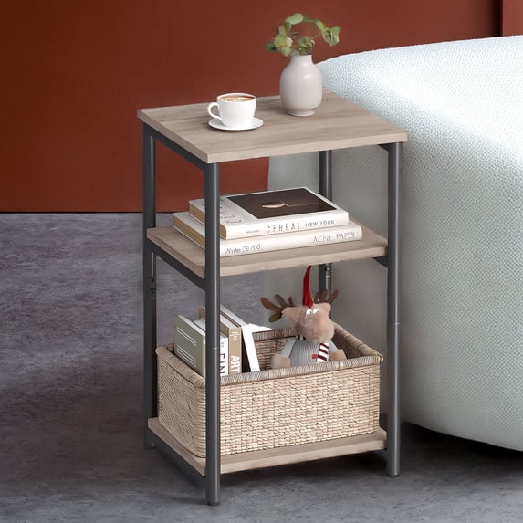 LEDREM Small End Table with 3-Tier Storage, Industrial Tall Nightstand for Living Room, Bedroom, Office, Greige and Classic Black