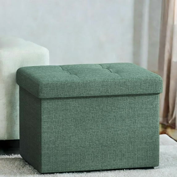 LEDREM Small Folding Storage Ottoman with Tufted Linen Cover,Multifunction Footrest Stool with 32L Storage,Foldable,Durable 286 lb Capacity,Retro Green