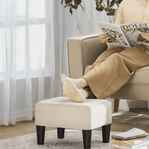 LEDREM Small Ottoman Foot Stool with Thick Cushion & Hidden Storage, Footrest with Sturdy Angled Legs for Living Room, Bedroom, Entryway, Cream White