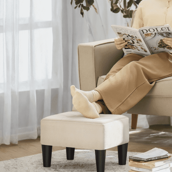 LEDREM Small Ottoman Foot Stool with Thick Cushion & Hidden Storage, Footrest with Sturdy Angled Legs for Living Room, Bedroom, Entryway, Cream White