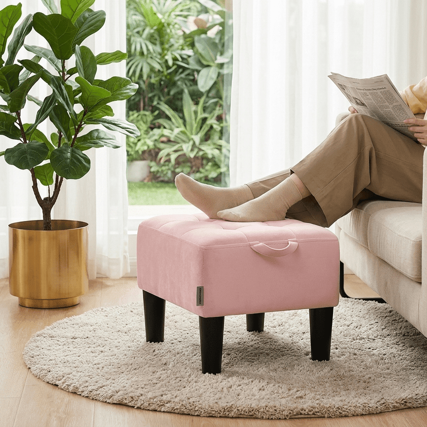LEDREM Small Ottoman Foot Stool with Thick Cushion, Footrest with Sturdy Angled Legs for Living Room, Bedroom, Entryway, Jelly Pink