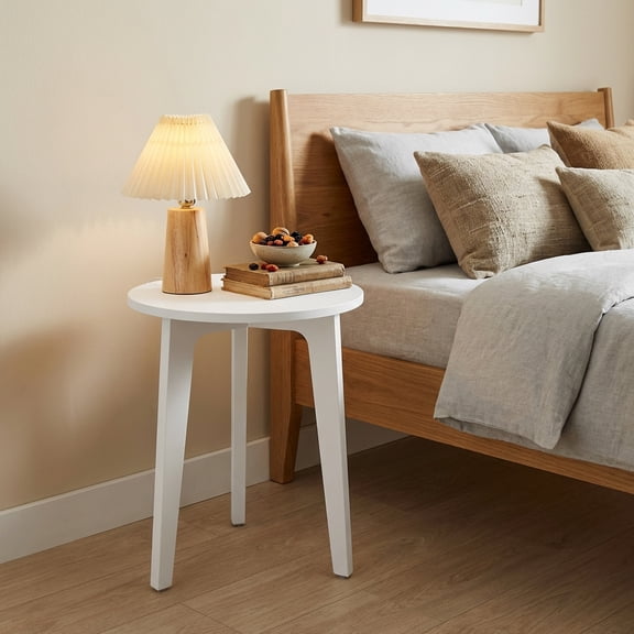 LEDREM Small Round Side Table with Tapered Legs, Compact Nightstand for Small Spaces, Curved Transitions, Living Room & Bedroom, Cloud White