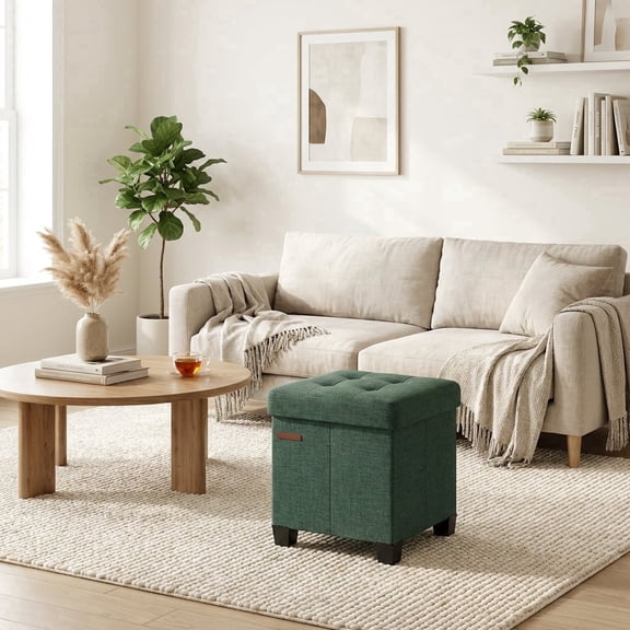 LEDREM Small Storage Ottoman with Legs, 15x15x15.7 Inches Foot Stool, 10-Gallon Hidden Storage, Supports up to 660 lb, Multipurpose Seat for Living Room, Bedroom, Retro Green