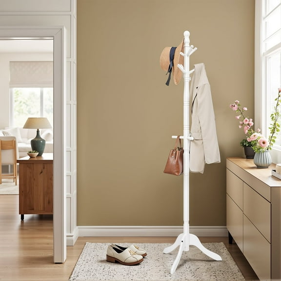 LEDREM Solid Wood Entryway Coat Rack Stand, 10-Hook Free Standing Hall Tree for Jackets, Hats, Bags, Tri-Leg Base, Cloud White