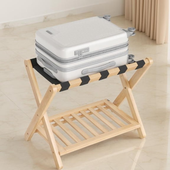 LEDREM Solid Wood Luggage Rack with Storage Shelf, Foldable Suitcase Stand No Assembly Required for Guest Room Hotel Bedroom, Natural Beige