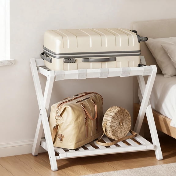 LEDREM Solid Wood Luggage Rack with Storage Shelf, Foldable Suitcase Stand No Assembly Required for Guest Room Hotel Bedroom, Cloud White