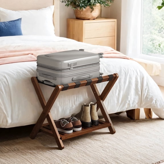 LEDREM Solid Wood Luggage Rack with Storage Shelf, Foldable Suitcase Stand No Assembly Required for Guest Room Hotel Bedroom, Coffee Brown