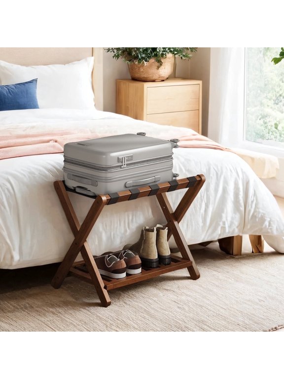 Solid Wood Luggage Rack with Storage Shelf, Foldable Suitcase Stand No Assembly Required for Guest Room Hotel Bedroom, Coffee Brown