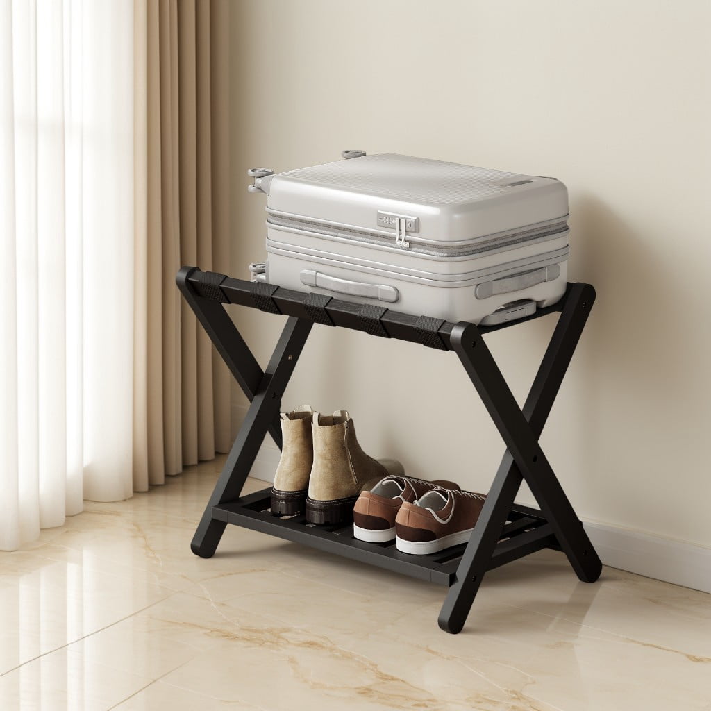 Guest Storage Rack LEDREM Solid Wood Luggage Rack with Storage Shelf, Foldable Suitcase ...