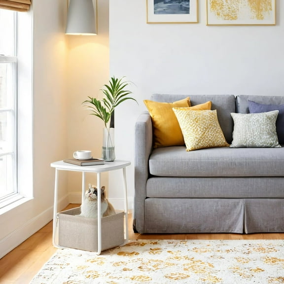 LEDREM Square Side Table with Fabric Basket, Modern Nightstand & End Table for Small Spaces, 15.7 Inch, Matte White & Camel Brown