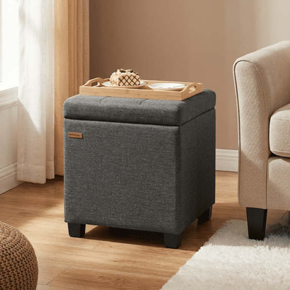 LEDREM Storage Ottoman with Hinged Lid, 14-Gallon Footrest Stool with Solid Wood Frame, 660lb Capacity for Living Room, Bedroom, Slate Gray