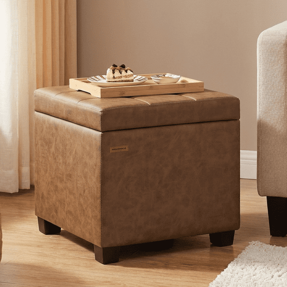 LEDREM Storage Ottoman with Hinged Lid, 14-Gallon Footrest Stool with Solid Wood Frame, 660lb Capacity for Living Room, Bedroom, Coffee Brown
