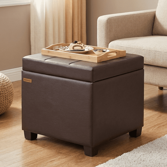 LEDREM Ottoman Cube with Hinged Lid, Storage Ottoman, Foot Stool Footrest, Synthetic Leather, Wine Red