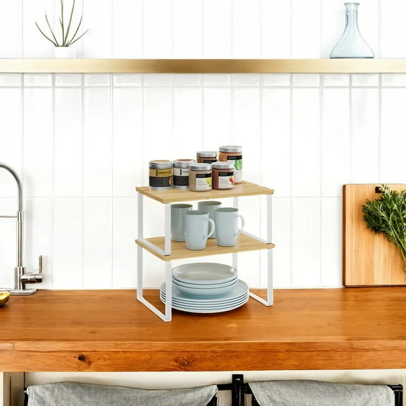 LEDREM Stackable Kitchen Shelf Organizers – Sturdy Engineered Wood & Metal, Adjustable & Space-Saving for Spices, Cans, Utensils, or Cat Feeding ,Set of 2, White