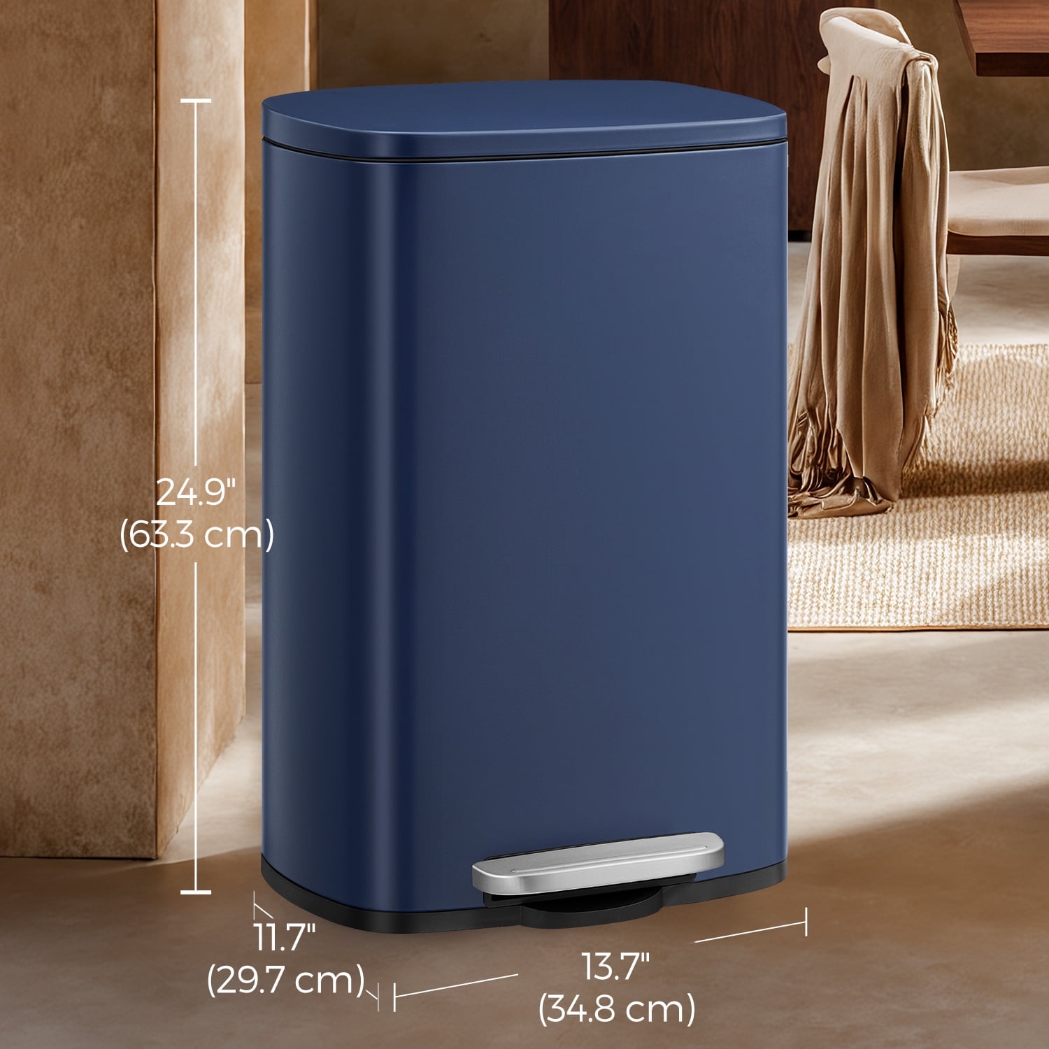 LEDREM Stainless Steel 13 Gallon Step Trash Can , Soft-Close Lid with Odor Seal & Inner Bucket , Kitchen Recycling Bin ,Midnight Blue