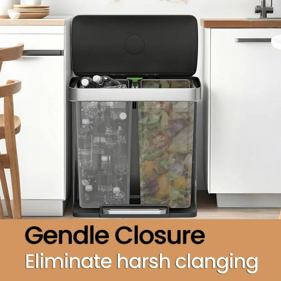 LEDREM Stainless Steel 16 Gallon Dual Compartment Trash Can , 2 x 8 Gallon Pedal Bin with Stay-Open Lid & 15 Bags , Ink Black