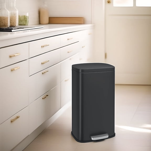 LEDREM Stainless Steel 8 Gallon Step Trash Can , Soft-Close Lid with Inner Bucket , Compact Kitchen & Office Bin ,Black