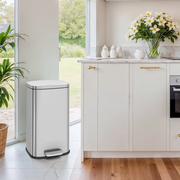 LEDREM Stainless Steel 8 Gallon Step Trash Can , Soft-Close Lid with Inner Bucket , Compact Kitchen & Office Bin ,Silver