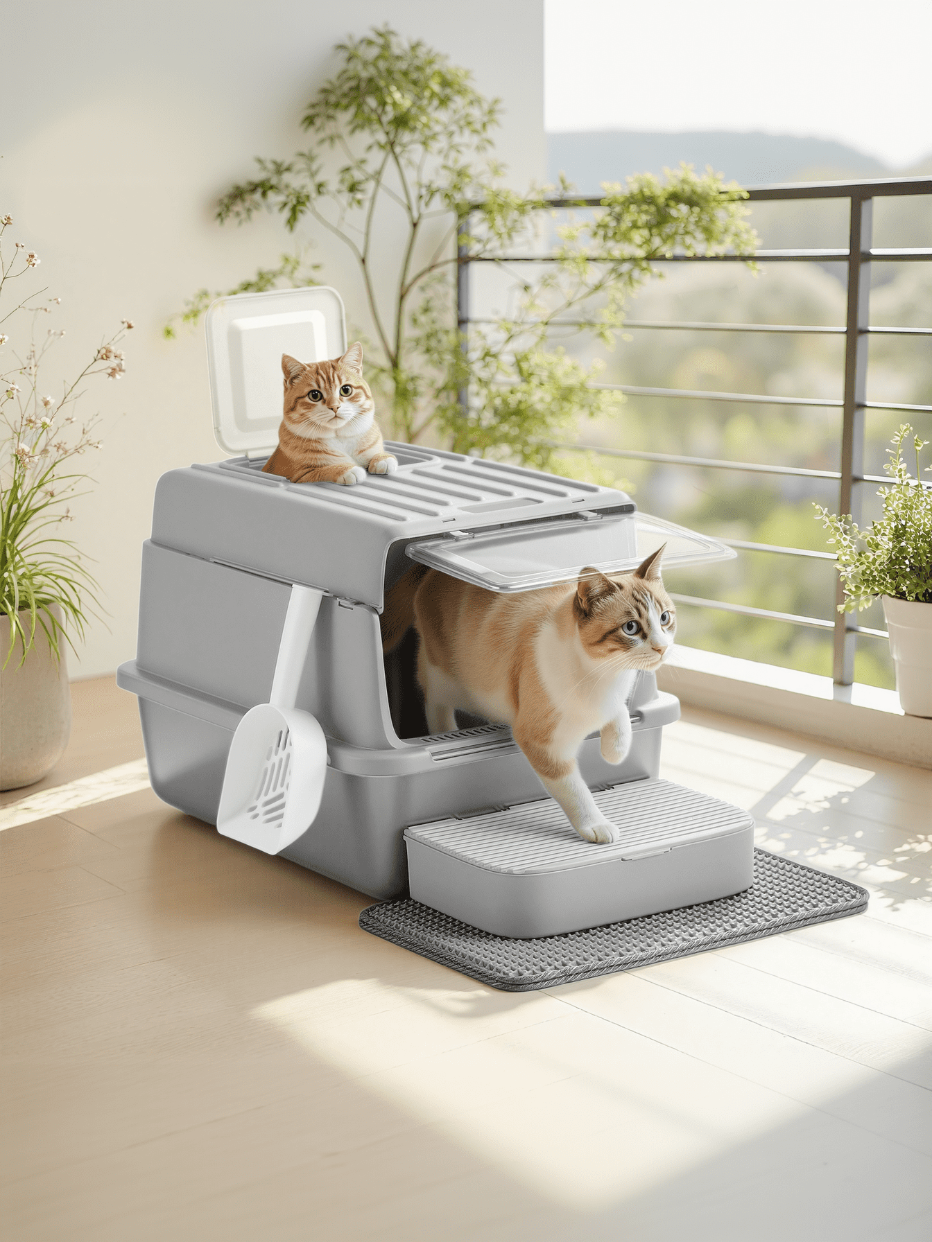 LEDREM Stainless Steel Cat Litter Box with Flip Lid and Litter Catcher, 2-Door Enclosed Litter Box for Cats up to 33 lb, Light Gray