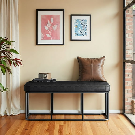 LEDREM Storage Bench - 43.3" Entryway Ottoman with Steel Frame, 660lb Capacity, Mid-Century Modern Design, Ink Black