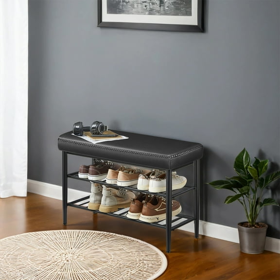 LEDREM Storage Bench , Award-Winning Mid-Century Modern Shoe Rack , 300lb Capacity , Synthetic Leather Upholstered Entryway Bench with 3 Tiers , Easy Clean , Caramel Brown