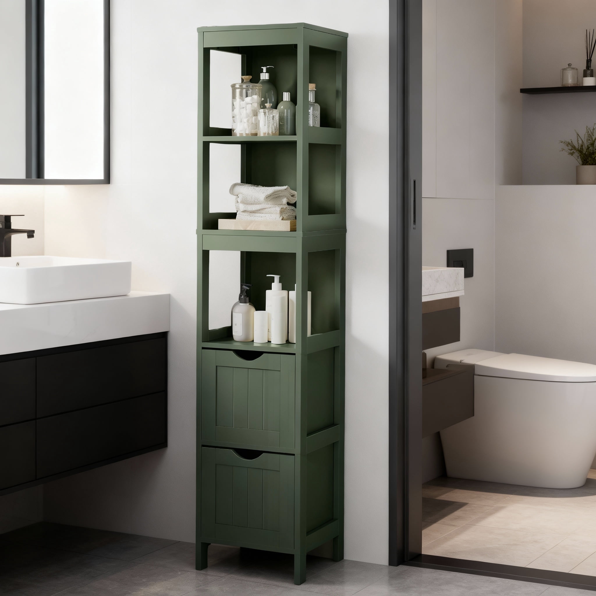 LEDREM Storage Cabinet with 2 Drawers and Open Shelf, Multifunctional Freestanding Corner Storage Rack for Bathroom, Living Room, Bedroom, Forest Green
