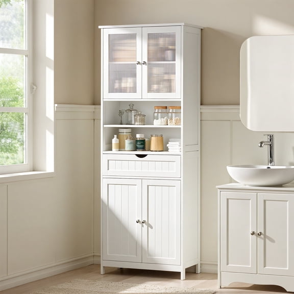 LEDREM Storage Cabinet with Drawer, Adjustable Shelves, Open Compartments and Acrylic Doors, Freestanding Floor Storage Unit for Bathroom, Living Room, Kitchen, Cloud White