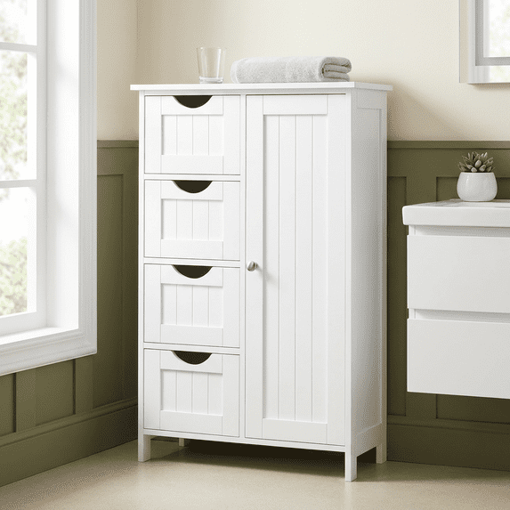LEDREM Bathroom Floor Cabinet, Wooden Freestanding Side Storage Organizer with 4 Drawers and Adjustable Shelves for Bathroom, White