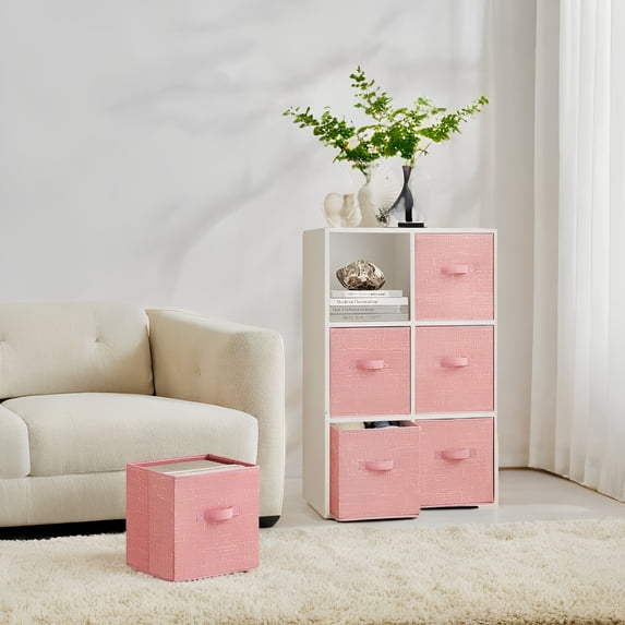 LEDREM 10.2 Storage Cube Organizer - 6-Pack Foldable Fabric Bins with Handles, Shelving System for Kids' Toys, Clothes, Jelly Pink