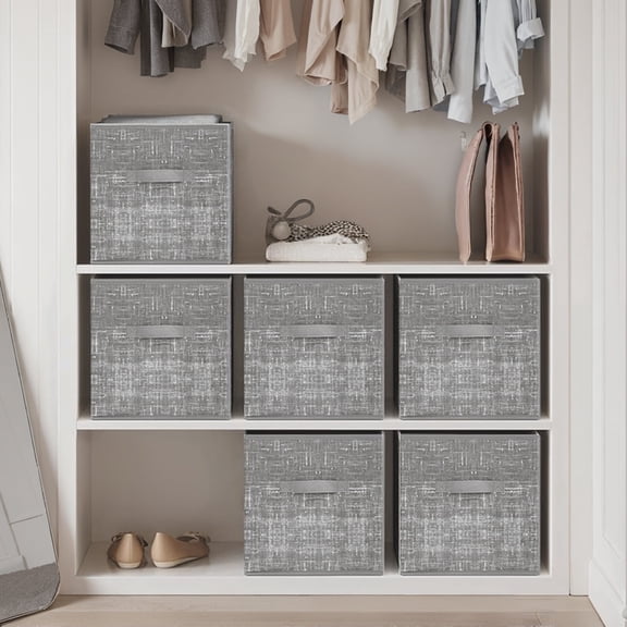 LEDREM 11.8" Storage Cube Organizer 6-Pack Foldable Fabric Bins with Handles, Cube Shelves Organizer for Clothes, Toys, Cattail Gray
