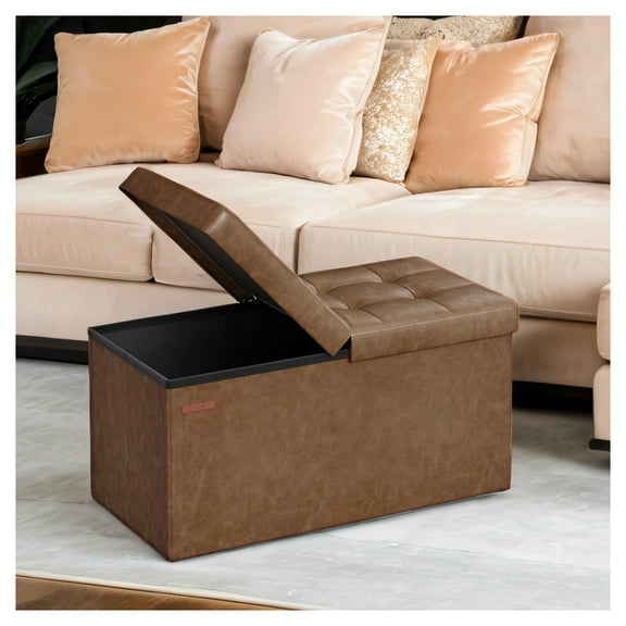LEDREM Storage Ottoman - 30" Flip-Top Bench, 660lb Capacity, 24-Gallon Storage, Synthetic Leather, Multi-Functional, Coffee Brown
