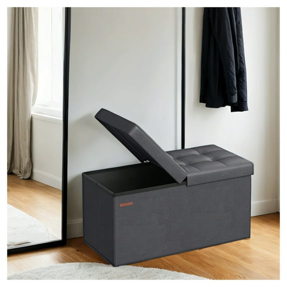 LEDREM Storage Ottoman - 30" Flip-Top Bench, 660lb Capacity, 24-Gallon Storage, Synthetic Leather, Multi-Functional, Dark Gray