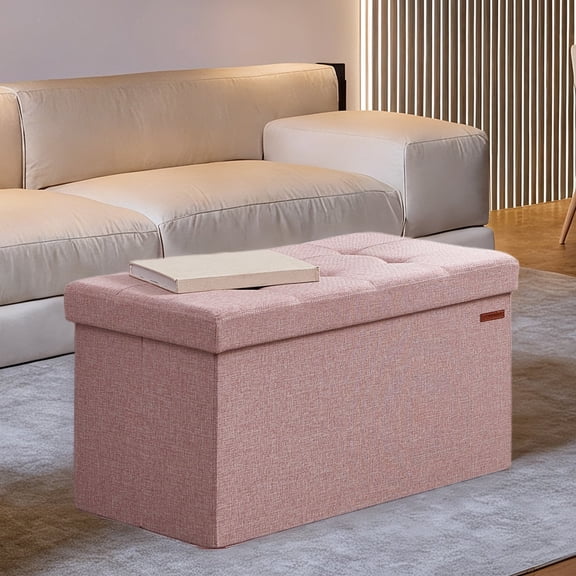 LEDREM Storage Ottoman - 30" Multi-Functional Bench, 660lb Capacity, 24-Gallon Storage, Linen-Look Fabric, Jelly Pink