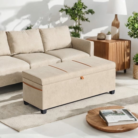 LEDREM 5-in-1 Storage Ottoman Bench - 660lb Capacity, 27-Gal Storage, Safety Hinges, Multi-Functional, Cappuccino Beige
