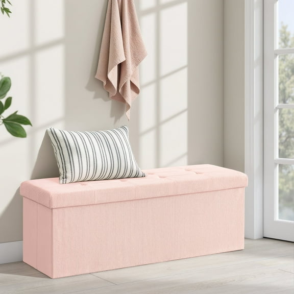 LEDREM Storage Ottoman Bench, Foldable 43" Long with 35-Gallon Capacity, 660lb Weight Limit, Multi-Functional for Living Room/Bedroom, Jelly Pink