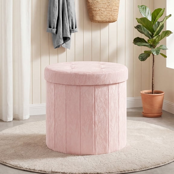 LEDREM Storage Ottoman, PU Leather Vanity Stool with 65L Hidden Compartment, Round Foot Rest Bench for Bedroom, Pink