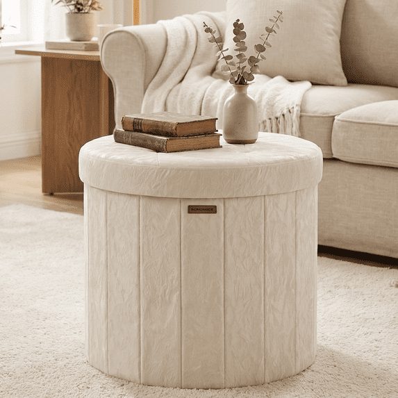 LEDREM Storage Ottoman, PU Leather Vanity Stool with 65L Hidden Compartment, Round Foot Rest Bench for Bedroom, Warm White