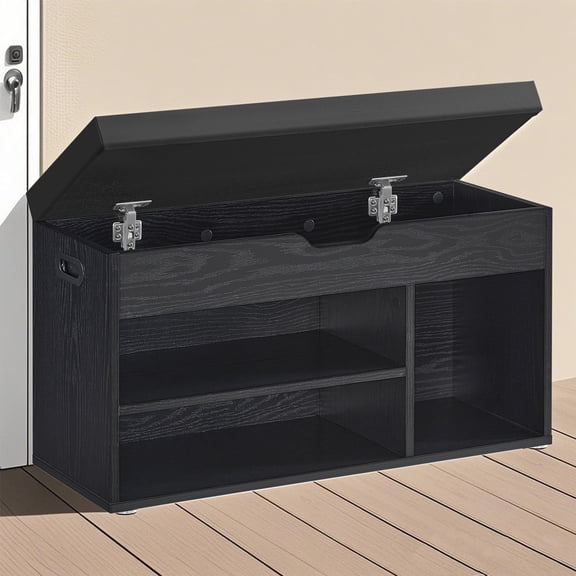 LEDREM Storage Shoe Bench with Cushion,Entryway Bench with Open Shelves,300 lb Capacity,11.8 x 31.5 x 17.3 inches,Ebony Black and Ink Black