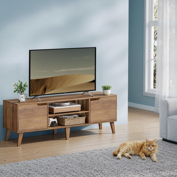 LEDREM TV Stand for 65-Inch TVs, 58-Inch Entertainment Center with Adjustable Shelf, Transitional Media Console Table for Living Room, Honey Brown