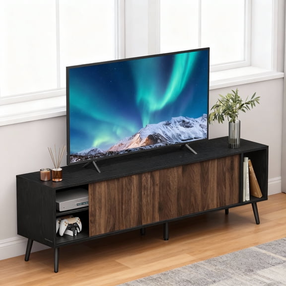LEDREM TV Stand for TVs up to 72 Inches,3-Door Media Console with Adjustable Shelf,100 lb Top Load Capacity,Natural Walnut and Ebony Black