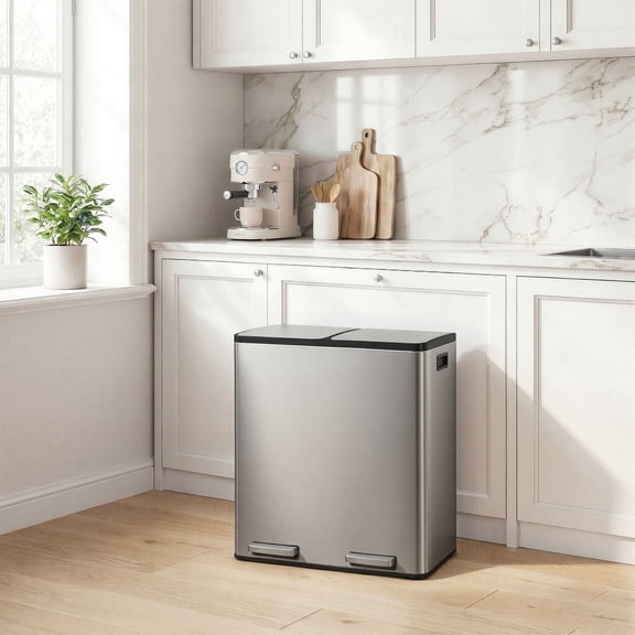 LEDREM Trash Can, 60L Double Compartment Stainless Steel Step Garbage Can, 23.2 x 14.3 x 24.6 inches, Silver