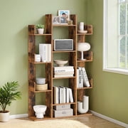 LEDREM Tree-Shaped Bookshelf - 13-Shelf Storage Unit with Rounded Corners, Wall-Mountable, Space-Saving Design, Rustic Brown